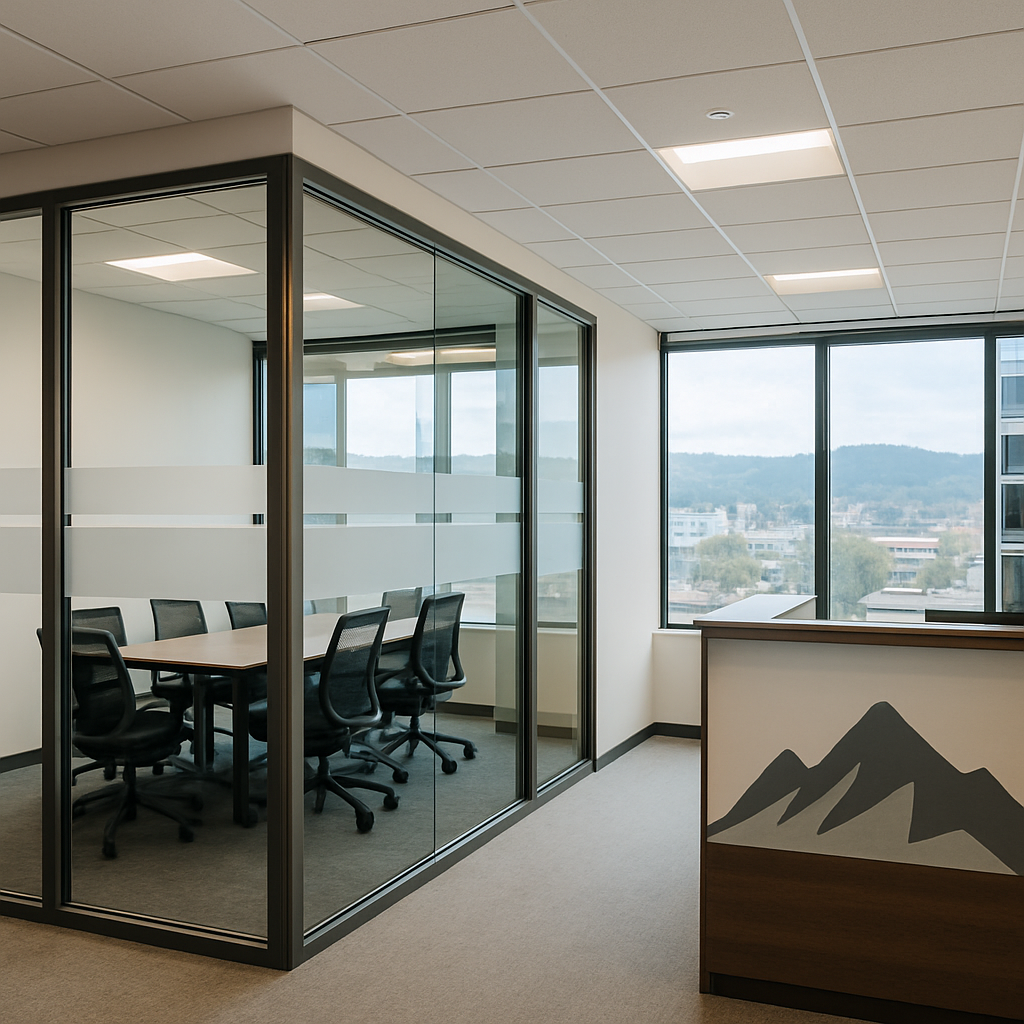 Photo-realistic image of a modern office interior showing a glass conference room with frosted bands