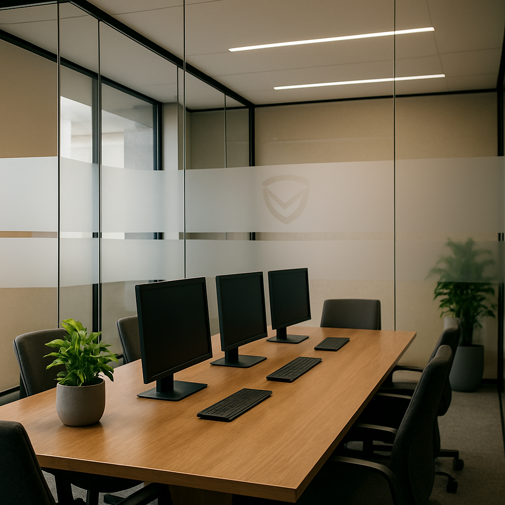 Photo realistic image of a modern office meeting room with glass walls featuring wide frosted bands