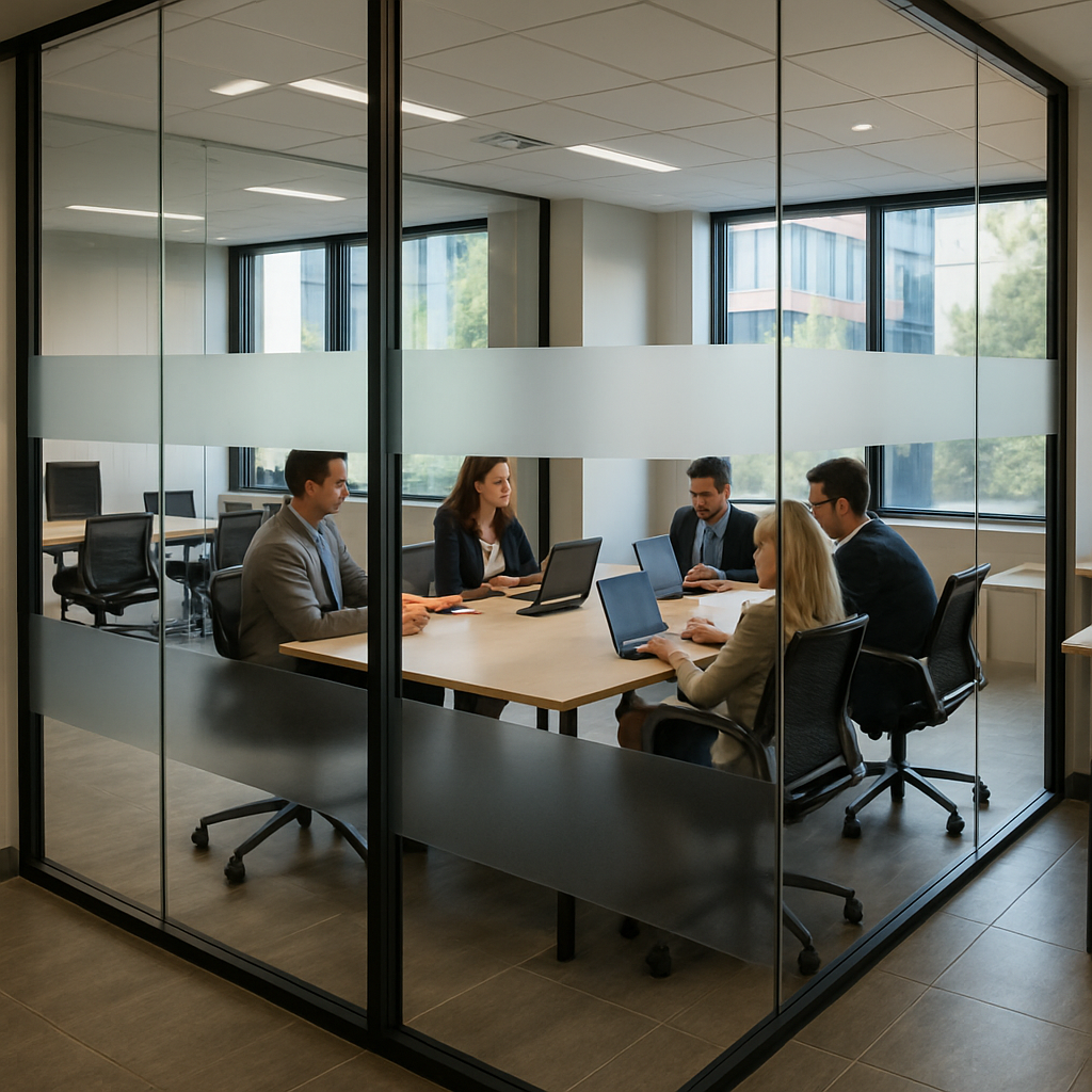 Professional office interior showing glass conference room with frosted bands on the glass and a low