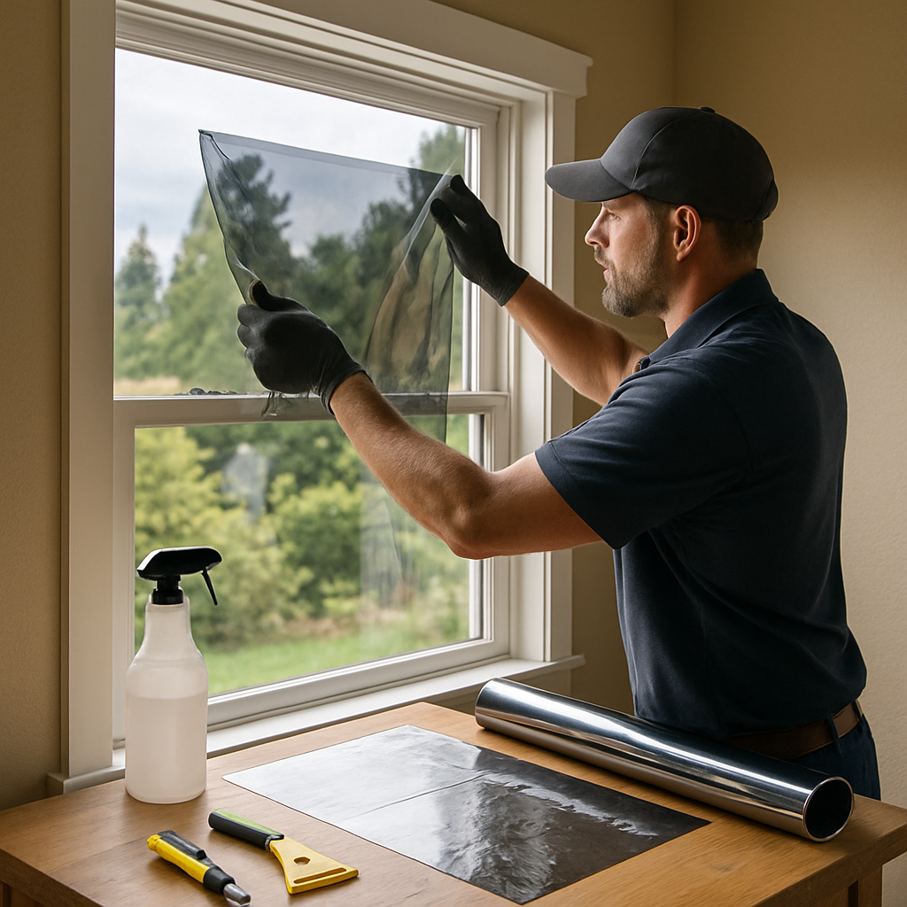 Photo realistic image of a professional installer applying sun control film to a residential double