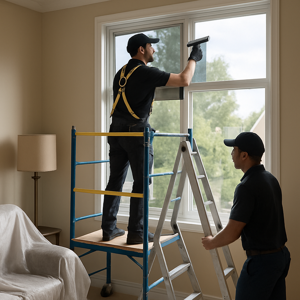 Photo realistic image of a professional installer applying sun control window film to a second story