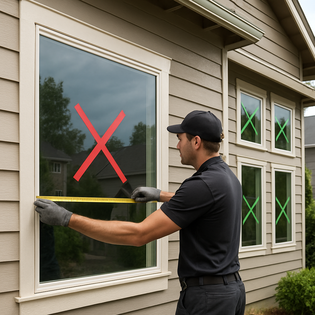 Technician measuring and marking windows for mixed-tier residential window film installation, showin