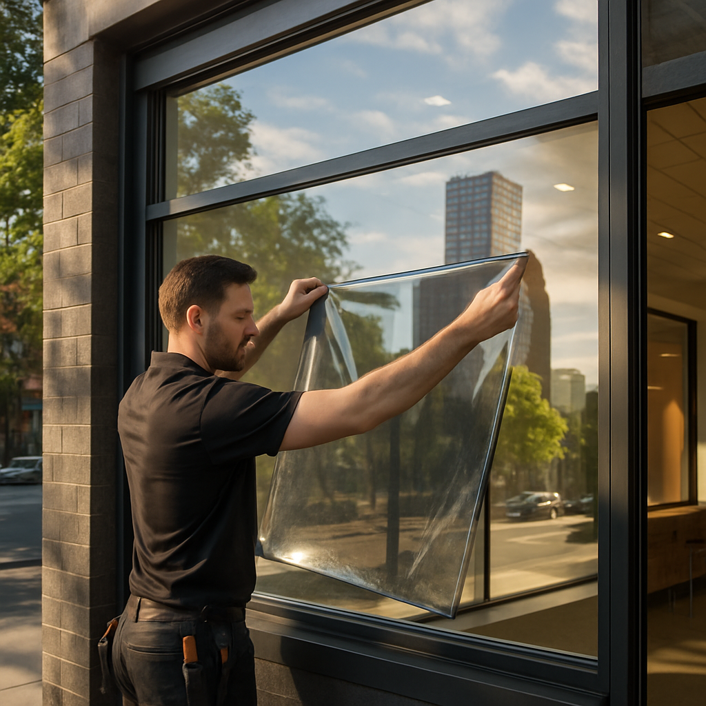 Professional installer applying spectrally selective commercial window film to a west facing storefr