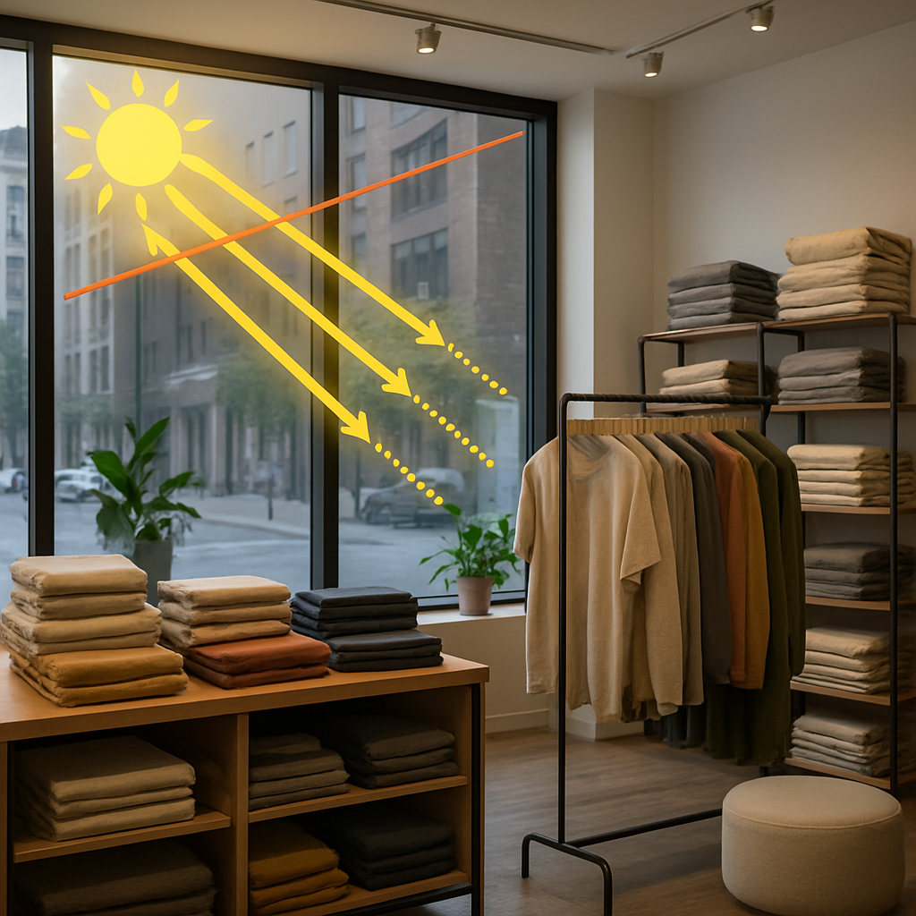 Photo realistic image of a commercial storefront interior with textiles and displays close to large