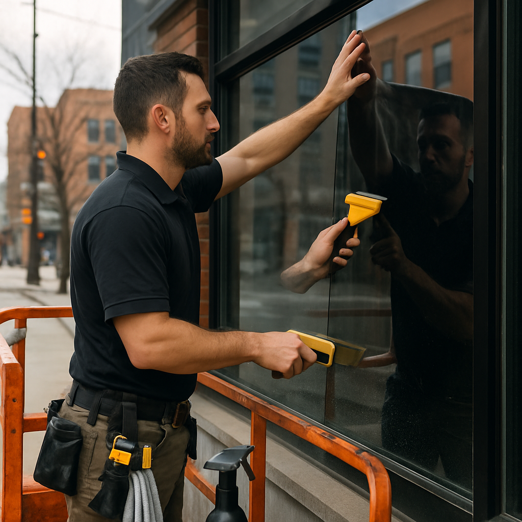 Professional installer applying commercial window film to a storefront window with visible tools and
