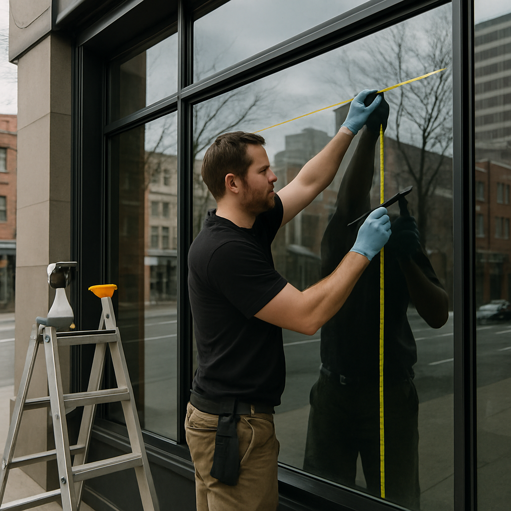Photo-realistic image of a downtown Portland storefront with large west-facing glass, a technician m