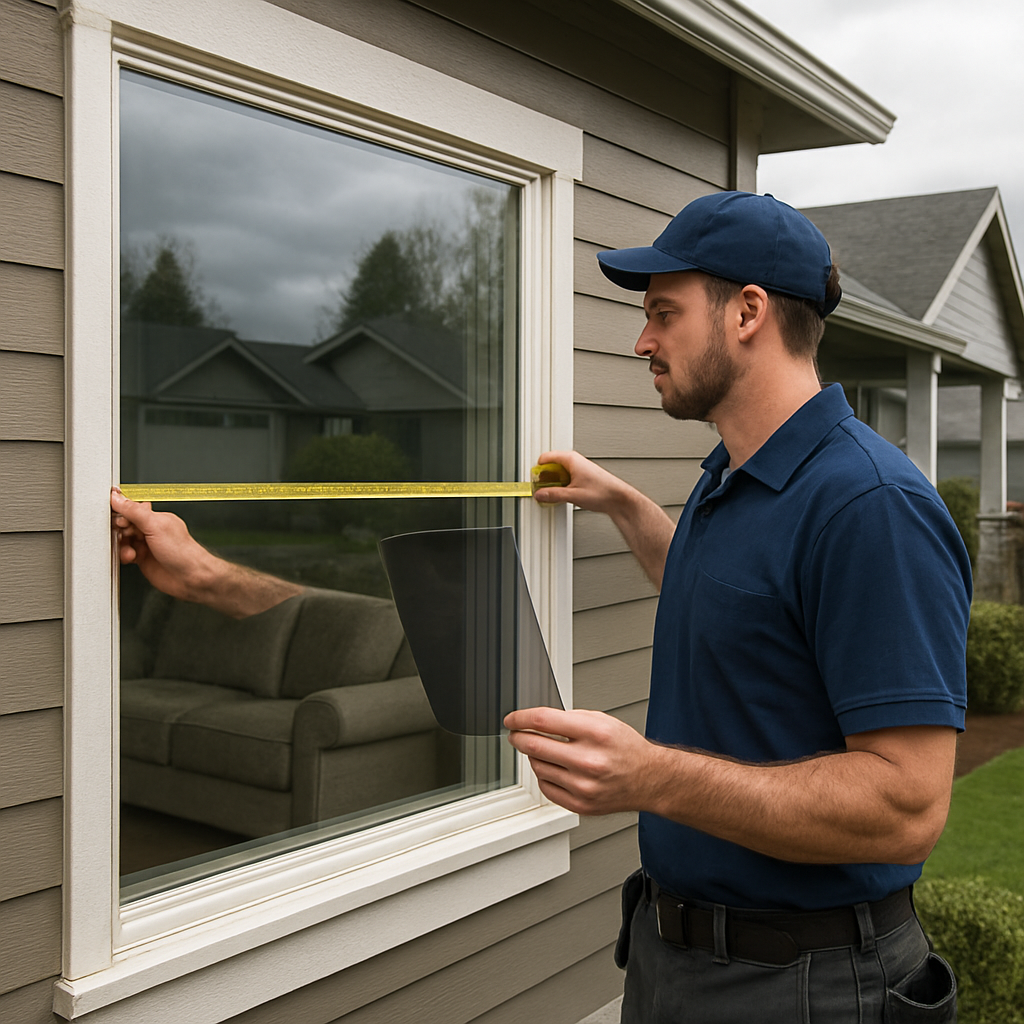 Professional installer measuring a large west-facing living room window on a Gresham Oregon home, te