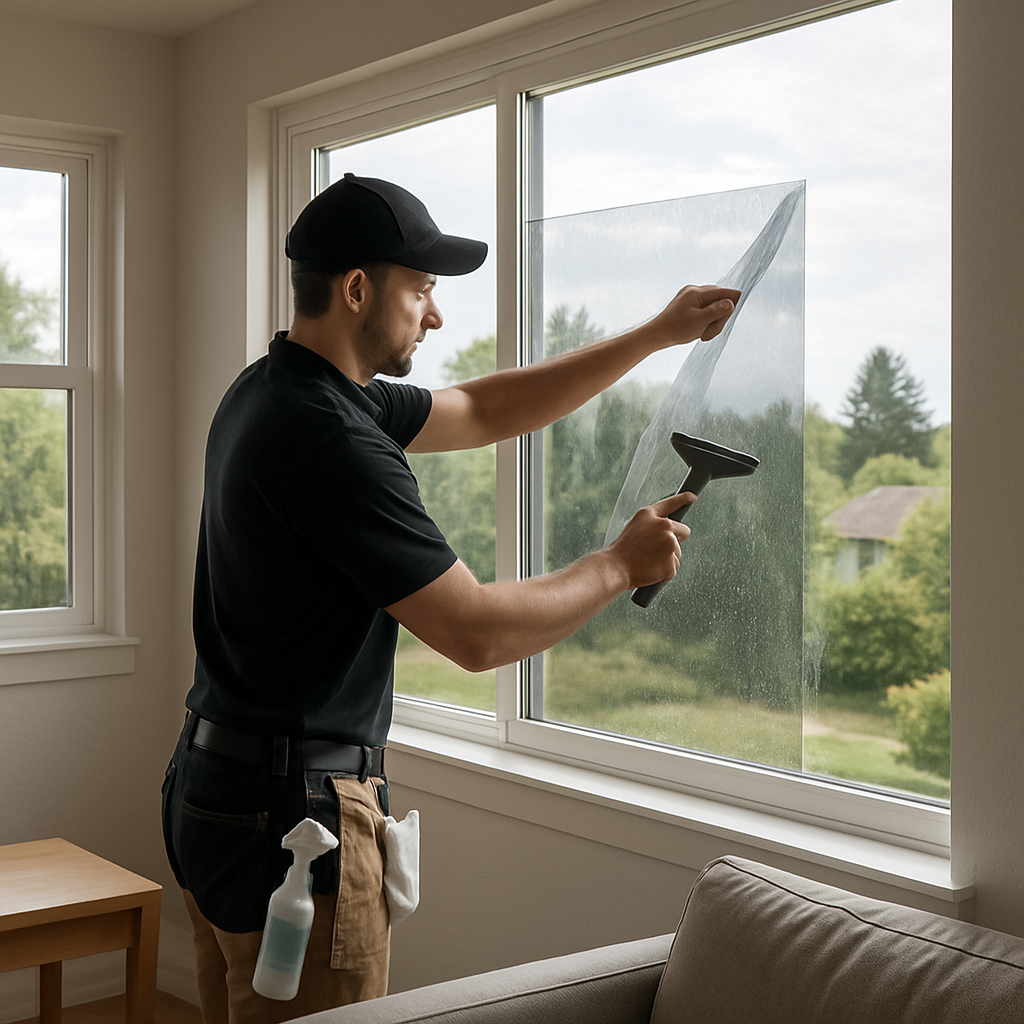Photo realistic image of a professional tint installer applying ceramic window film inside a Gresham