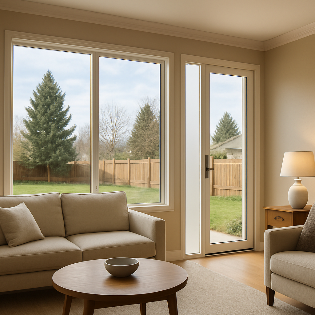 Photo-realistic interior view of a Gresham living room with large west-facing windows showing sample