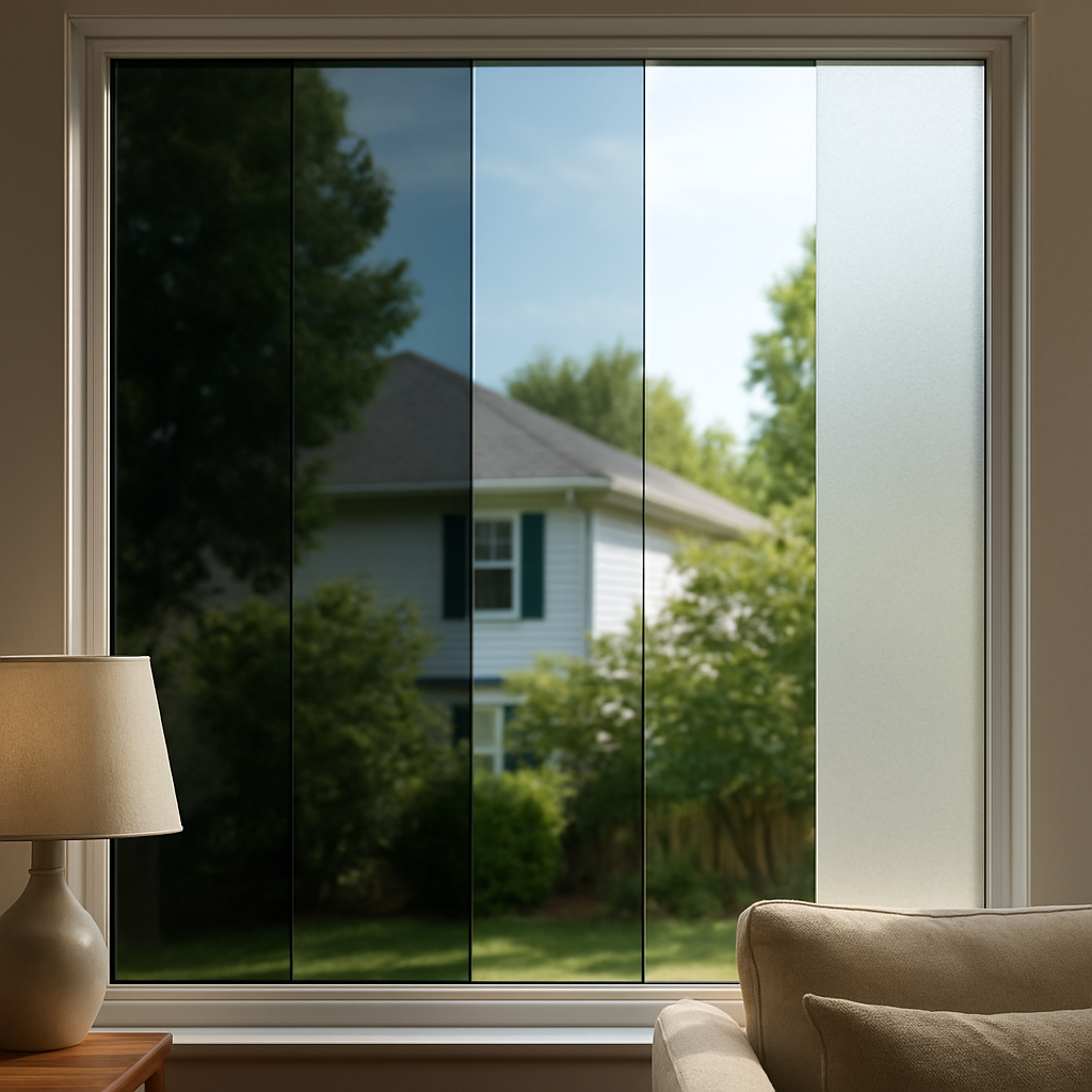 Photo-realistic close-up of several residential window film sample strips (dyed, metalized, ceramic