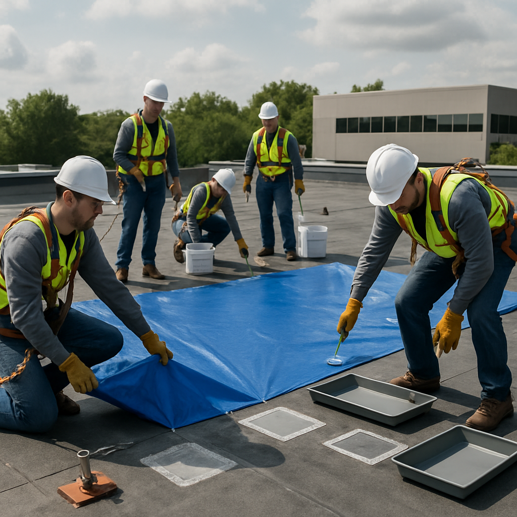 How Leak Repair Specialists Diagnose and Fix Commercial Roof Leaks Quickly 1 Professional roof crew installing an emergency tarp and setting containment trays in a commercial building rooftop scene; photo realistic, workers in harnesses, visible safety anchors, buckets and labeled temporary patches; professional mood