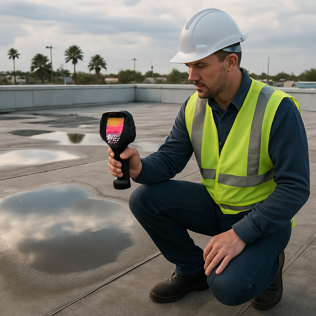 Choosing the Right Biloxi Roofers for Waterproofing and Long‑Term Leak Prevention 1 Photo realistic image of a roofing inspector performing an infrared moisture scan on a low-slope commercial roof near the Gulf Coast, showing water puddles, membrane seams, and an inspector holding an IR camera; professional, analytical mood