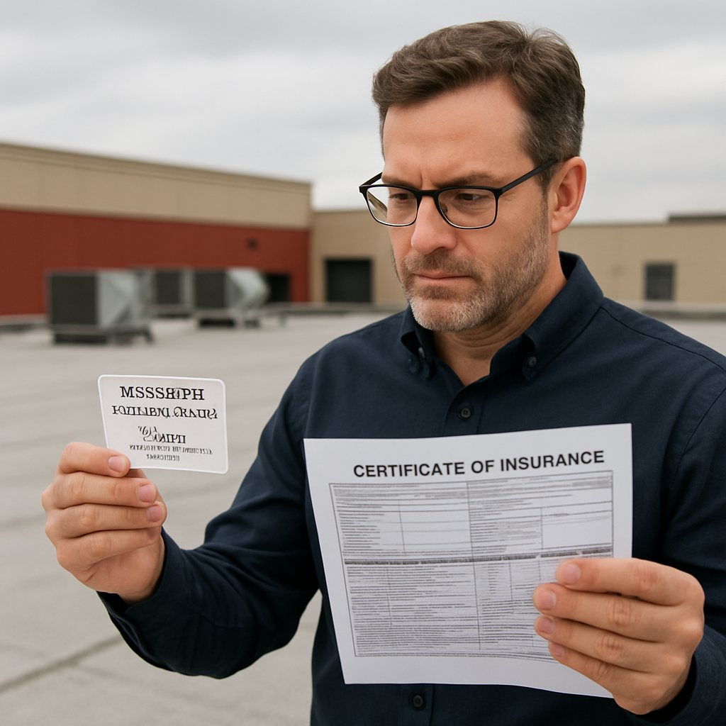 What Building Owners Should Ask Roofing Contractors in Biloxi MS Before Hiring Them 1 Photorealistic image of a building owner on a commercial roof reviewing a contractor's Mississippi license card and a certificate of insurance, documents visible and legible, professional mood