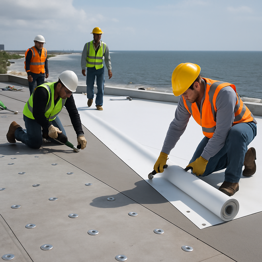 A professional roof crew repairing a commercial flat roof in a coastal Mississippi city, showing stainless fasteners, new PVC membrane being installed, and nearby ocean visible; photo realistic, professional, analytical mood