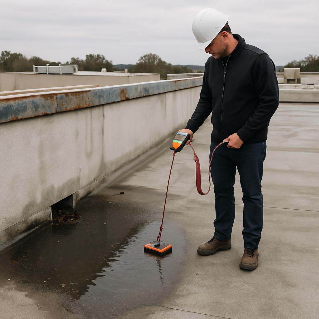 Photorealistic image of a commercial flat roof in Biloxi showing ponding near clogged scuppers, visible corrosion on metal coping, and technician performing a moisture scan with handheld equipment, professional mood