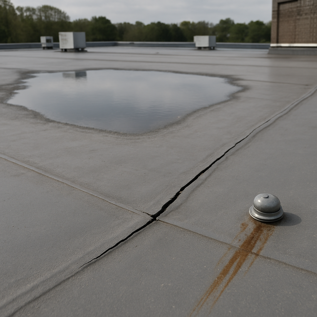 A Facility Manager’s Guide to Roofing in Mississippi: Maintenance, Coatings, and Local Regulations 1 Photo-realistic image of a commercial low-slope roof in Mississippi showing three failure indicators: a large ponding area with standing water, a split seam with visible seam separation, and a corroded metal fastener with rust streaks on the panel. Professional, analytical mood.