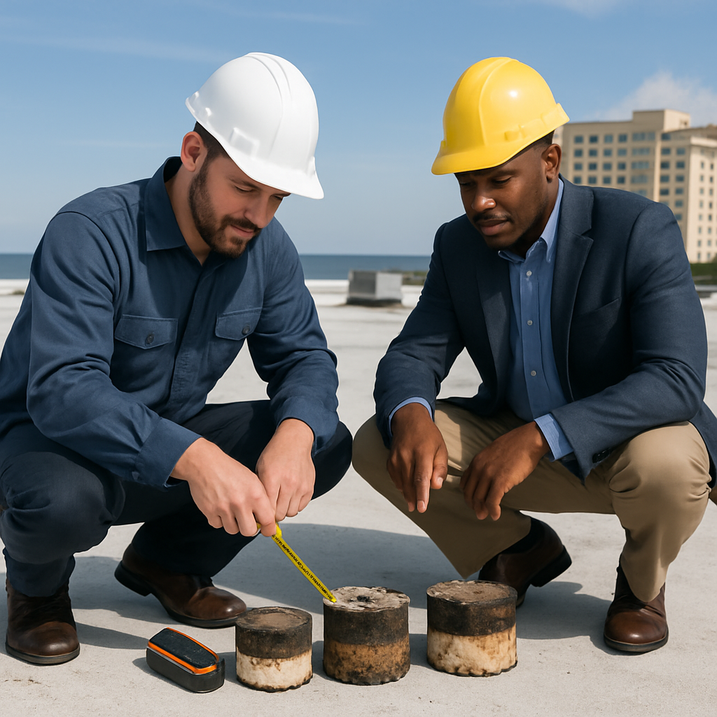 How to Vet Roofing Companies in Biloxi MS for Large Commercial Waterproofing Projects 1 Professional rooftop inspection: a contractor and facility manager reviewing roof core samples on a commercial flat roof in Biloxi with measuring tape, moisture meter, and building in the Gulf Coast background