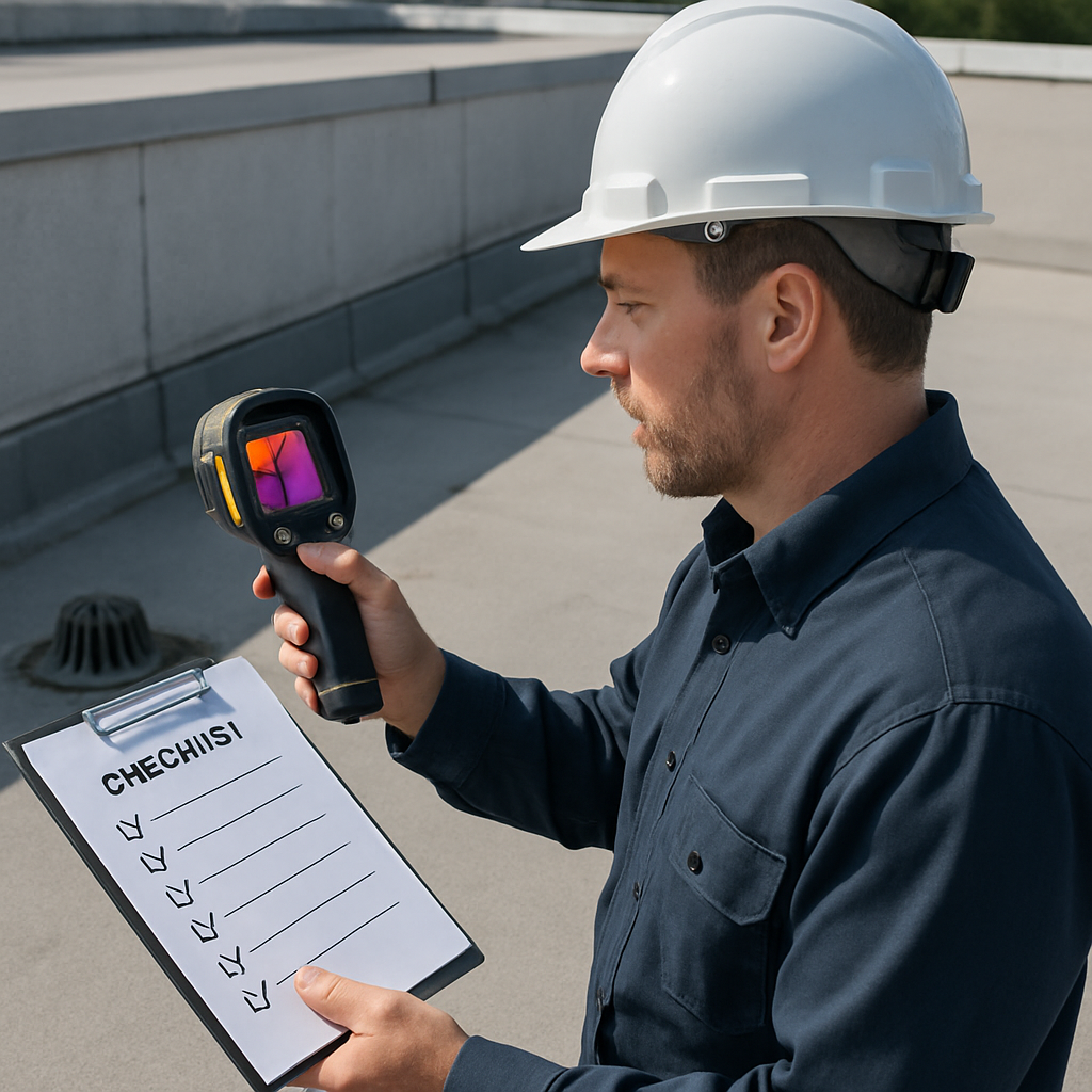Professional photo realistic image of a facility manager conducting a rooftop inspection holding an infrared camera in one hand and a printed checklist in the other, rooftop drains and flashing visible in the background, bright daylight, annotated checklist visible