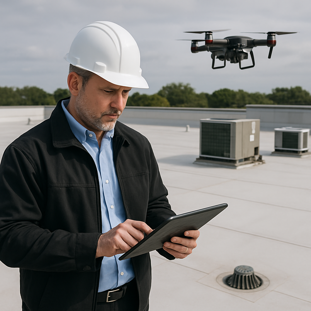 Designing a Commercial Roof Maintenance Plan That Prevents Costly Water Damage 1 Facility manager at a rooftop reviewing a <a href='https://roofwaterproofing.us/shingle-roof-installation-biloxi-ms/'>roof inventory</a> spreadsheet on a tablet while a drone hovers overhead; visible TPO membrane, rooftop HVAC units, and drains; photo realistic; professional mood