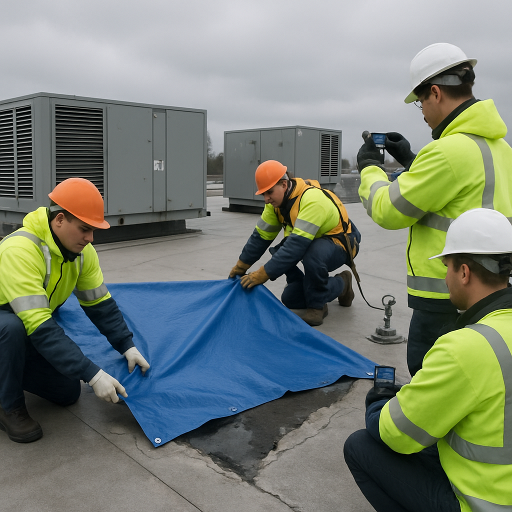 Building Roof Repair Priorities for Property Managers: Safety, Speed, and Waterproofing Best Practices 1 Professional photo realistic image of a rooftop emergency response: a crew installing a secured tarp over a torn membrane near HVAC units, with one worker wearing a harness tied to an anchor and another taking time stamped photos of the damaged area; overcast light, professional mood