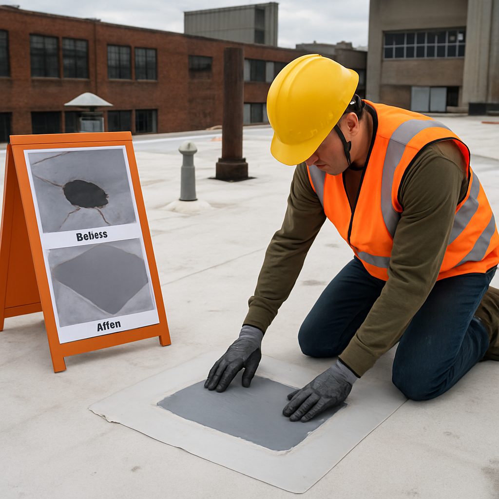How Commercial Property Roof Repairs Affect Asset Value and Tenant Satisfaction 1 Photorealistic image of a commercial low-slope roof during a documented repair: technician installing membrane patch, high-resolution before and after photo board visible, contractor wearing safety gear, clear roof penetrations, urban industrial building context