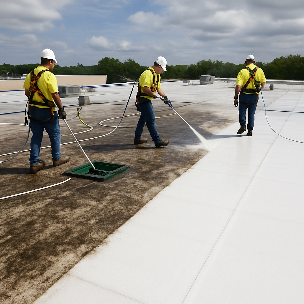 Professional roof cleaning crew performing soft wash roof cleaning on a commercial single ply roof with visible biological staining, containment mats around roof drains, workers in fall protection harnesses, and before-and-after cleaning contrast visible, photo realistic, professional