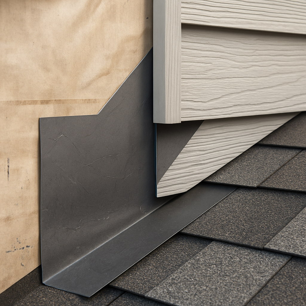 Close up photo realistic image of a roof-wall intersection showing new self adhered flashing, step flashing tucked behind fiber cement siding, visible WRB laps, and labeled components for inspection. Professional mood, construction site setting, daytime lighting.