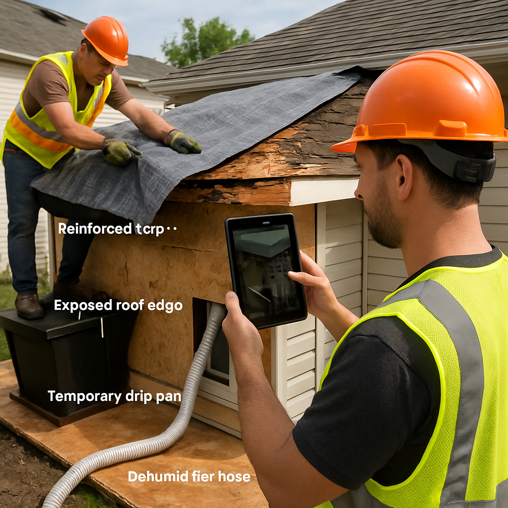 Photo realistic image of a construction crew installing a reinforced tarp over an exposed roof edge while a siding installer records timestamped photos on a tablet; show temporary drip pan, dehumidifier hose run into interior, and labeled components. Professional mood, daytime, construction site.