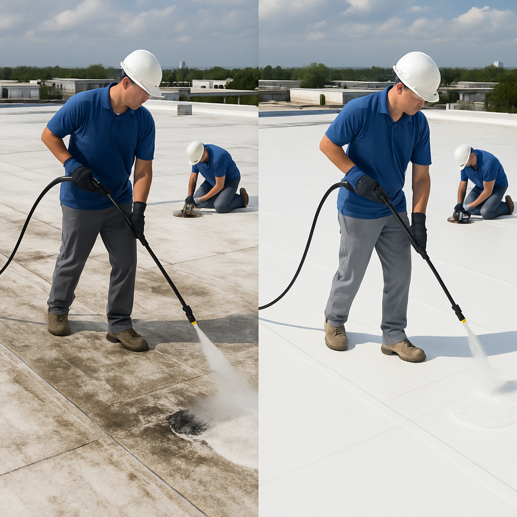 Professional crew performing low-pressure soft wash on a white TPO commercial roof, technicians clearing rooftop drains, before and after comparison visible, photo realistic
