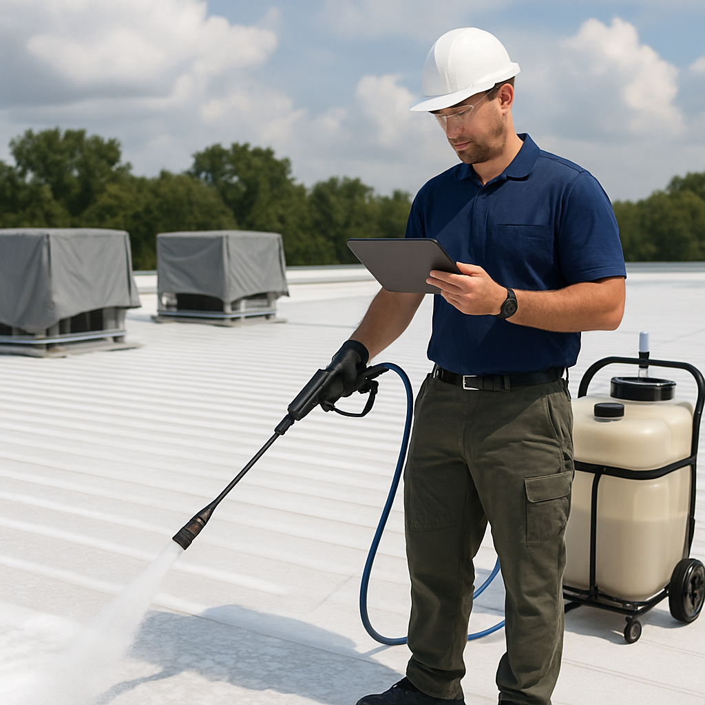 Photo realistic image of a technician performing a low-pressure soft wash on a white commercial roof, portable wash-water recovery tank visible, technician documenting with a tablet, rooftop HVAC units protected with covers, professional mood