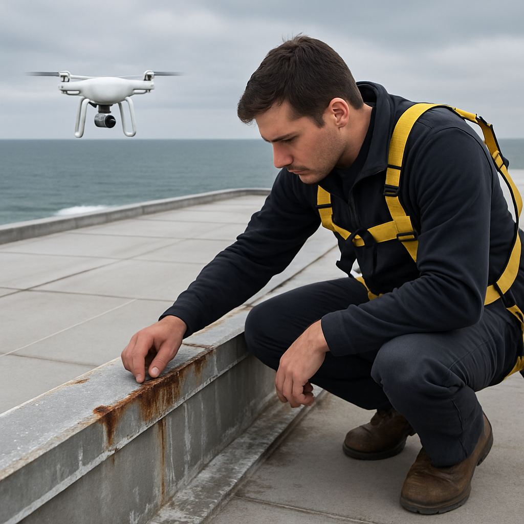 Photo-realistic image of a coastal commercial roof inspection: technician in safety harness examining corroded edge metal and fasteners, drone capturing aerial view of membrane seams, visible salt deposits on metal flashings, overcast sky, professional and analytical mood