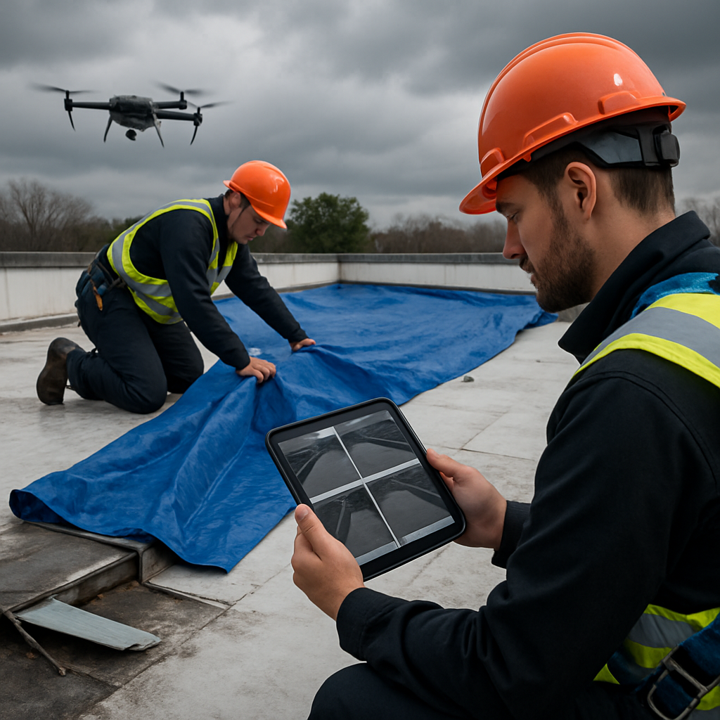 Photo realistic image of post-storm roof emergency response: technician in safety harness installing a watertight tarp over a low-slope membrane, another technician holding a tablet showing timestamped photos, drone hovering capturing aerial footage of damaged seams and displaced edge metal, overcast professional mood