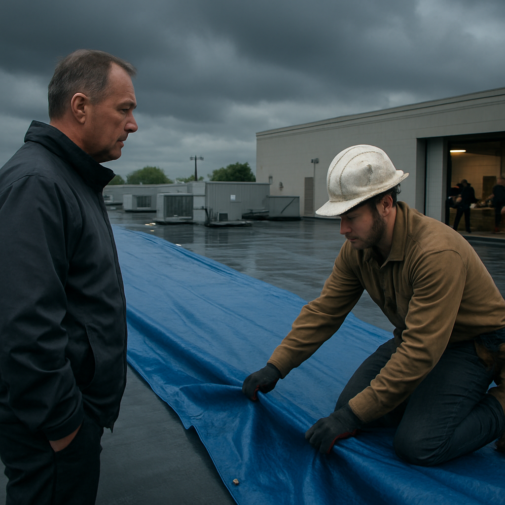 Facility manager coordinating a licensed roofer installing a wind-resistant tarp on a low-slope commercial roof in Gulfport, with interior crews moving equipment; photo realistic, professional, overcast storm-mood