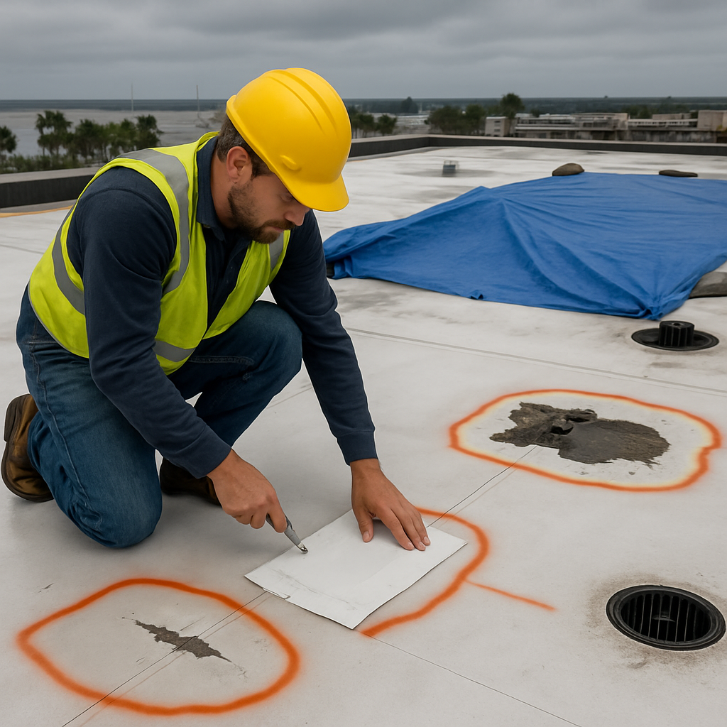 Licensed roofer performing a targeted seam patch and temporary tarp installation on a low-slope TPO commercial roof in Gulfport, with annotated damage zones and drains visible; photo realistic