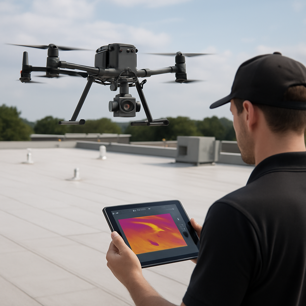Photo realistic image of a DJI Matrice 300 RTK drone performing a roof inspection over a commercial flat TPO roof with a visible thermal camera payload; technician on ground with tablet reviewing live feed, professional and analytical mood