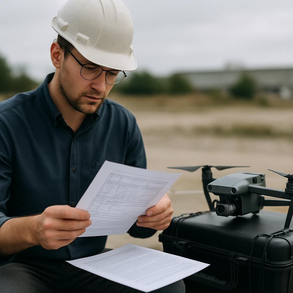 Photo realistic image of a drone operator on site reviewing a printed flight plan and insurance documents next to a drone case; professional, analytical mood