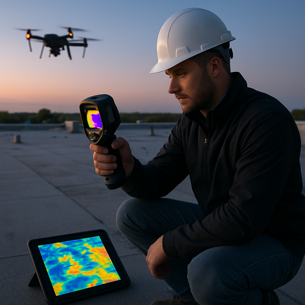 Photo realistic image of a roofing professional using a handheld infrared camera on a flat commercial roof just before dawn, drone hovering in the background, annotated moisture map visible on a tablet, professional mood
