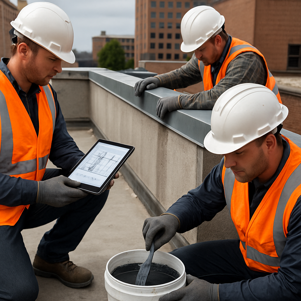 Photo realistic image of a roofing crew installing new metal counterflashing at a parapet with a technician preparing a reinforced liquid flashing, tablet showing repair details, professional mood