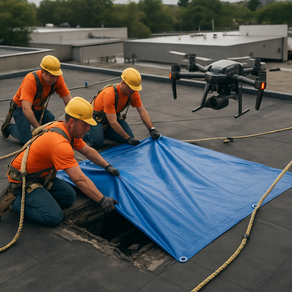Photo realistic image of a certified crew installing a blue emergency tarp over a damaged flat commercial roof while a drone hovers overhead recording; visible safety harnesses and anchored lifelines; timestamp overlay on the drone feed; professional, urgent mood