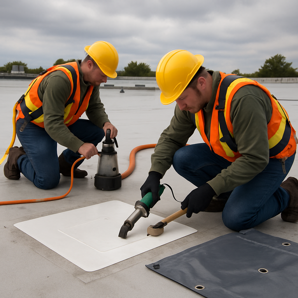 Photo realistic image of a certified crew performing an emergency welded patch on a flat commercial roof: visible harnesses, heat welder melting a thermoplastic patch, a second crew member setting up a temporary pump and routed discharge, labeled tarp over a separate hole; professional, urgent mood