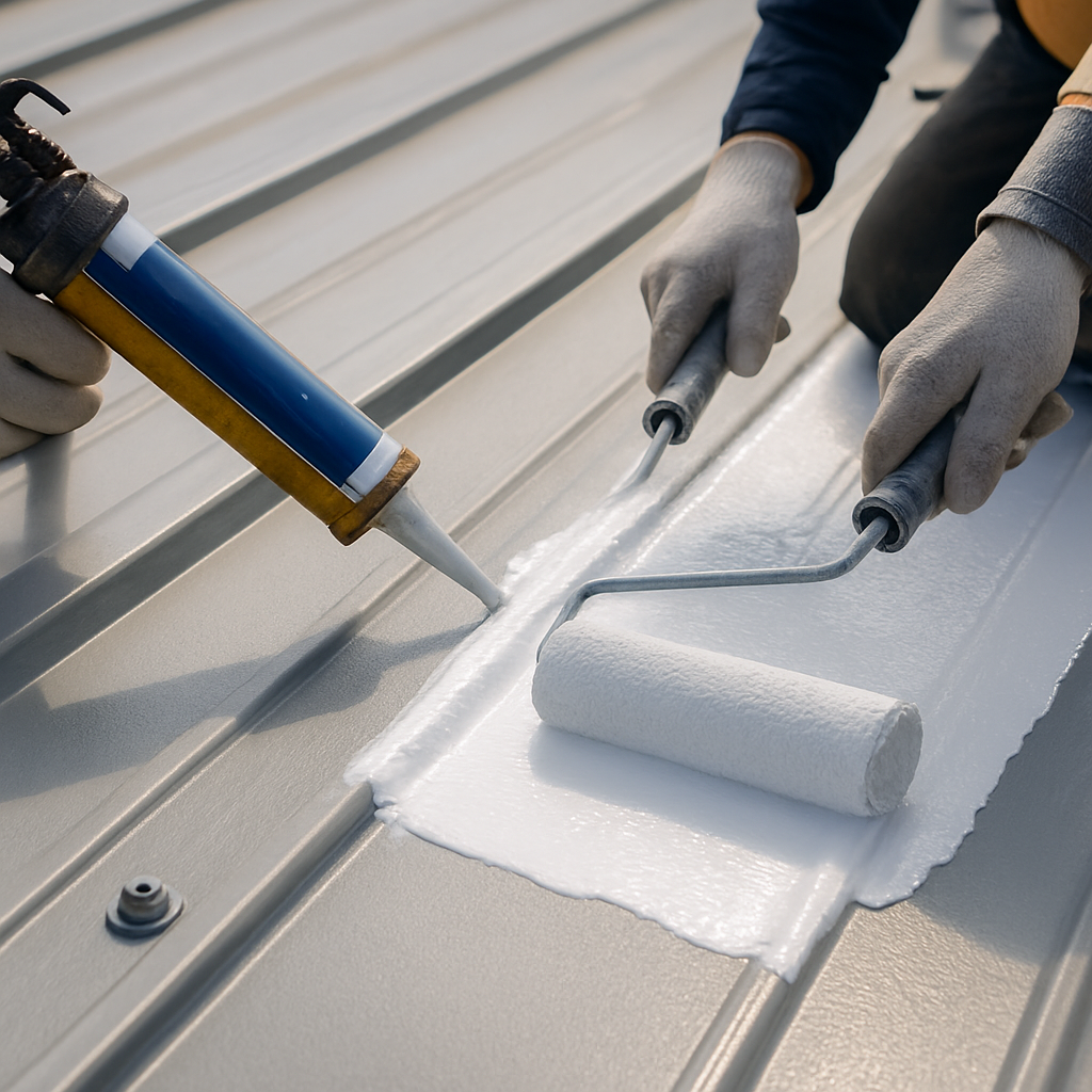 Close-up photo of technicians applying a silicone roof coating to a standing-seam metal roof, showing fastener replacement, lap sealant detail, and a roller being used to create a continuous film; professional, photo realistic, neutral daylight, construction site mood