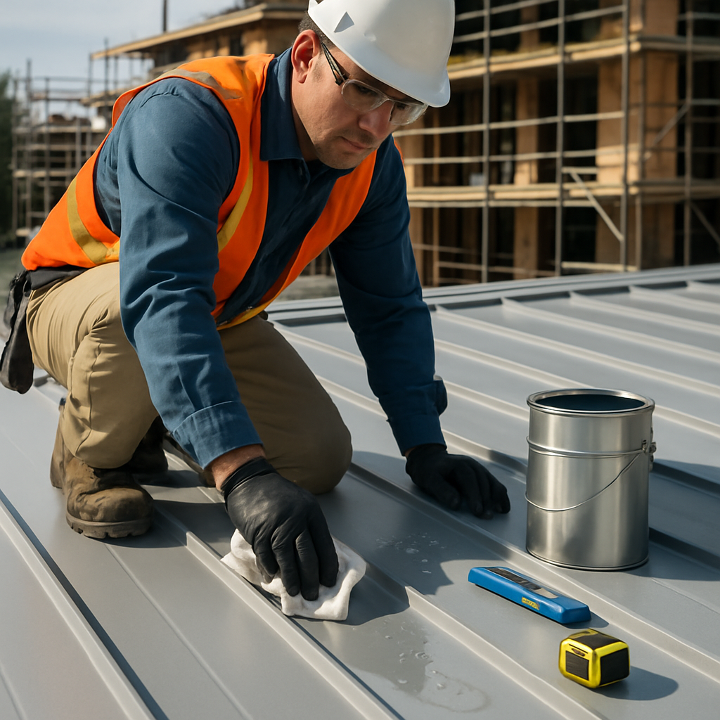 Photo realistic image of a technician performing a solvent wipe and a water-break test on a standing-seam metal roof prior to primer application, showing measuring tools and a primer can labeled for metal use; professional, daylight, construction site mood