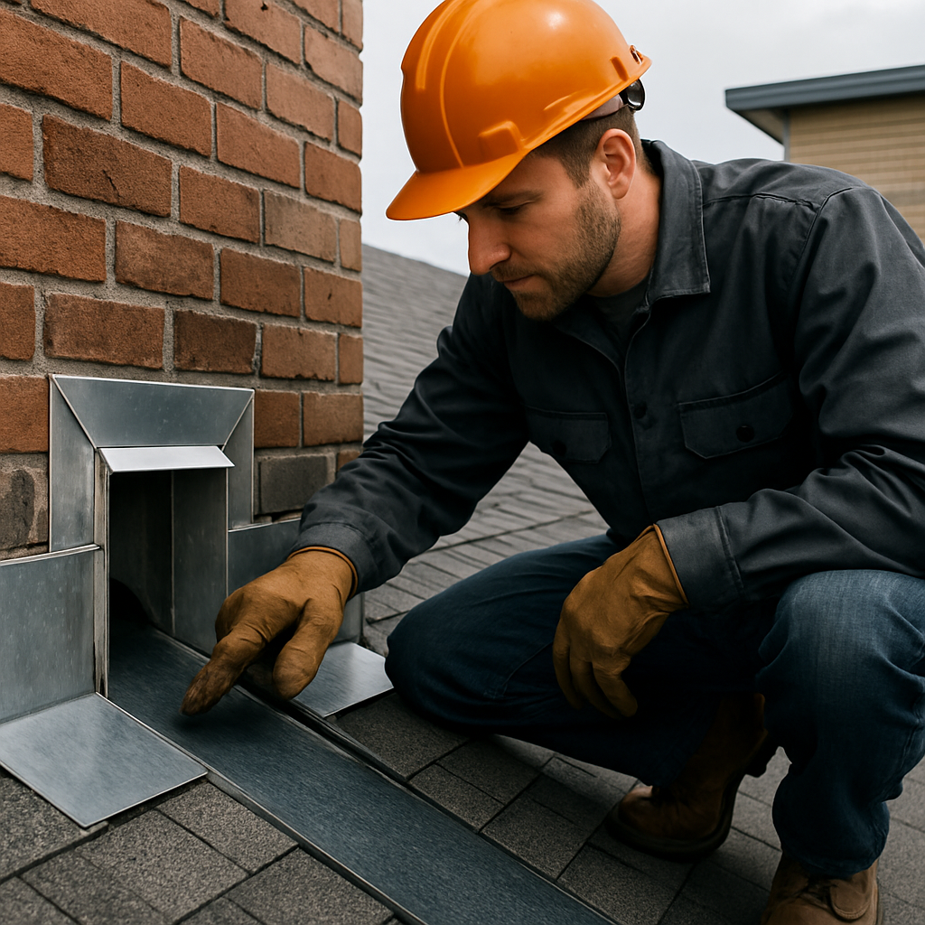 Professional roofer inspecting step flashing and roof scupper on a multifamily building roof, close-up on flashing detail and drainage path, photo realistic, professional mood