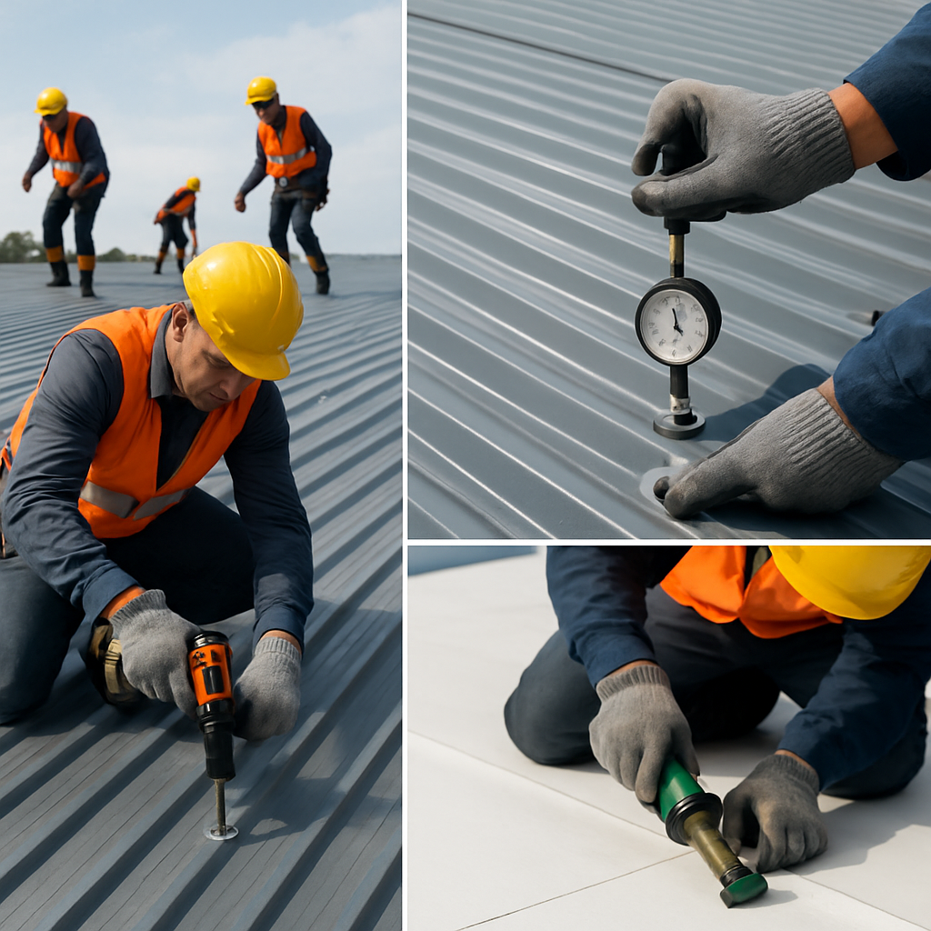 Photo realistic image of a roofing crew re-sleeving fasteners on a corrugated metal roof with a close-up of a pull test being performed and a technician preparing a TPO seam for hot-air welding, professional mood