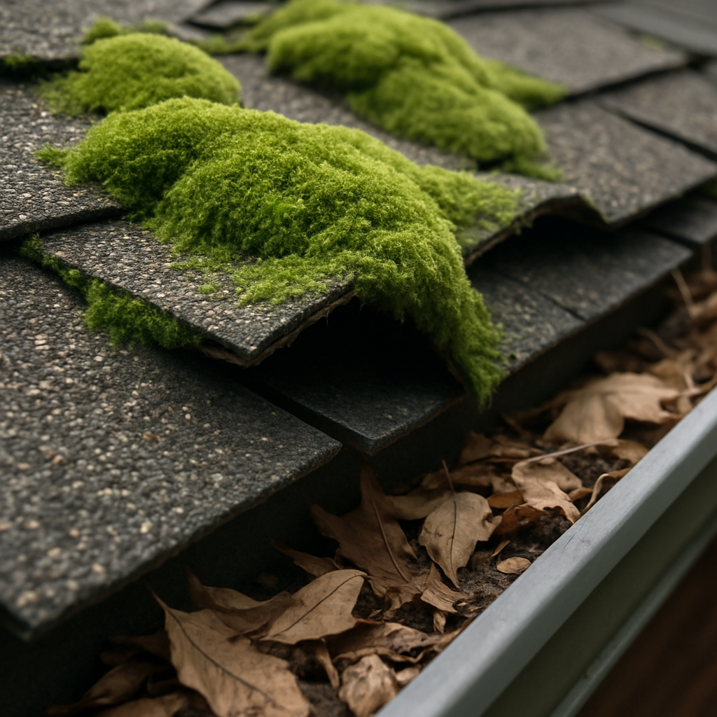 Close-up, photo realistic image of moss lifting asphalt shingles at the roof edge with trapped leaf debris in the gutter; professional mood, showing detail of lifted shingle tabs and granular loss