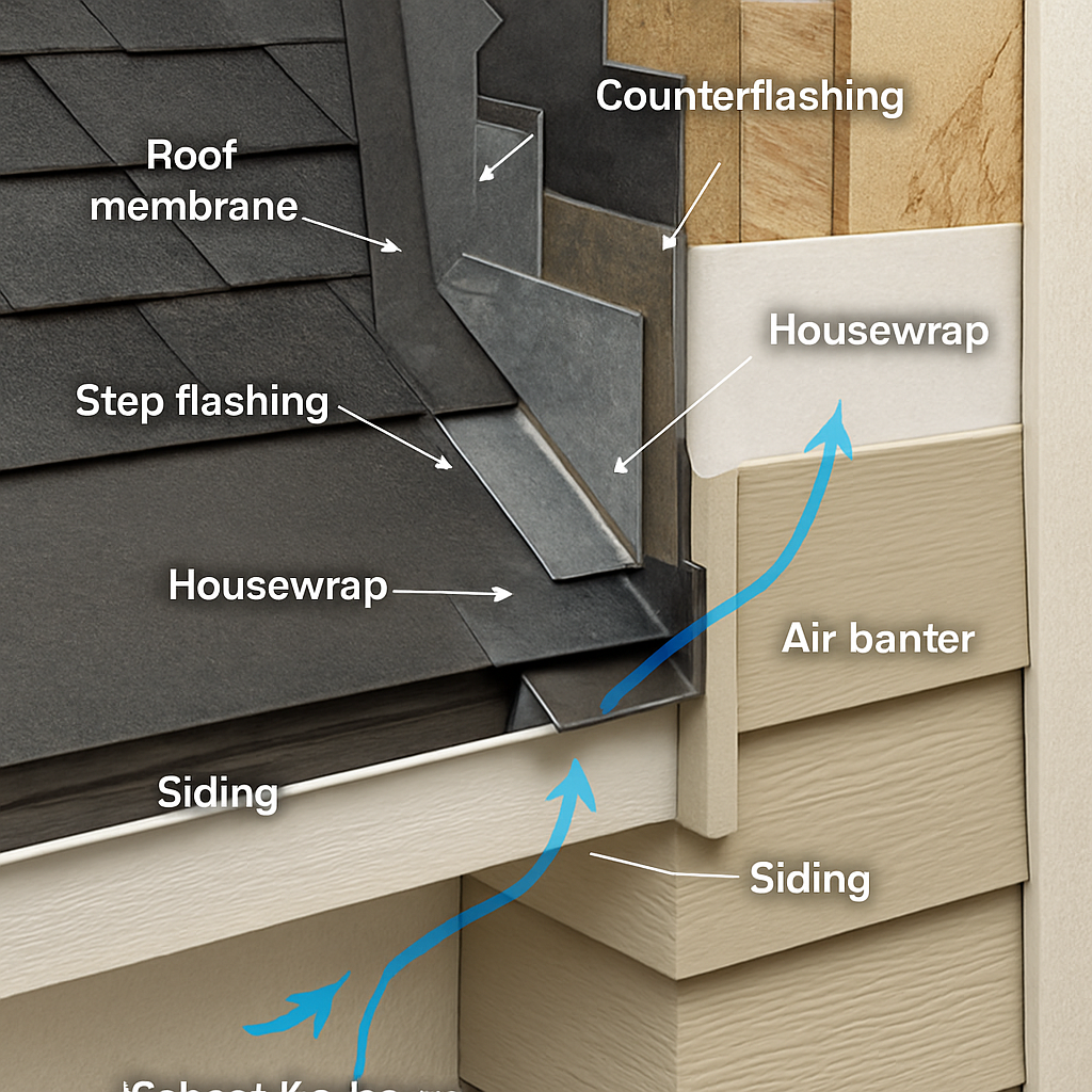 Photo-realistic diagram of a roof-to-wall assembly showing continuous water control layer: roof membrane extending up the wall, step flashing, counterflashing, housewrap, sheathing, air barrier, siding, and a kickout flashing where roof runoff meets the wall. Annotated labels for each element and a caption showing flow path of water and air.