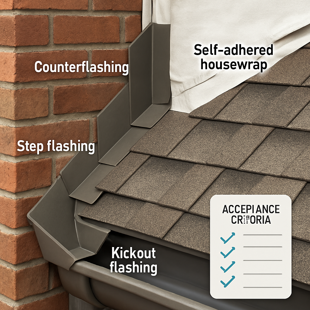 Photo realistic annotated photograph of a roof-to-wall junction: visible step flashing being installed under each shingle course, counterflashing secured into the wall, kickout flashing directing water into a gutter, and a self-adhered housewrap tied into the termination. Labels for each flashing type and a small inset showing acceptance criteria checklist.