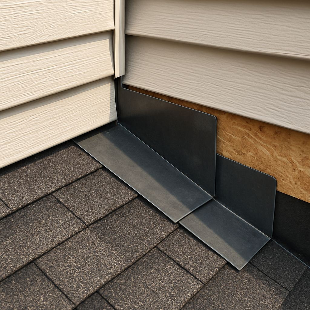 Photo realistic close up of a roof to wall transition showing step flashing, vinyl siding lap, and sheathing edge; professional, high resolution, clear depiction for inspection guidance