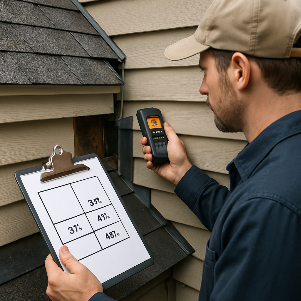 Photo realistic image of a technician holding a clipboard with a simple decision table next to a roof-to-wall junction, showing recorded percentages on the clipboard, a moisture meter in use, visible step flashing and a small section of removed siding for inspection; professional and analytical mood