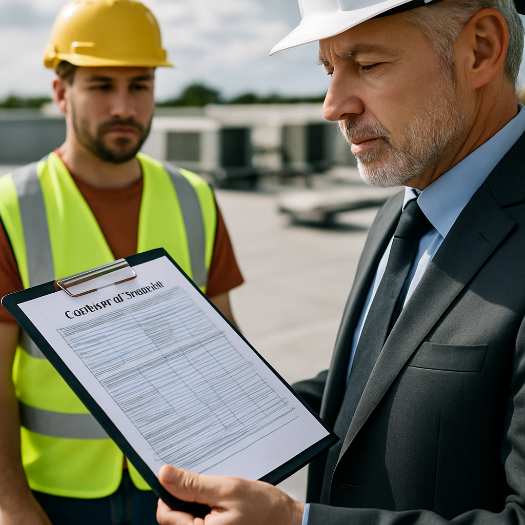 Photo realistic image of a building owner or facility manager on a roof site holding a clipboard, reviewing a Certificate of Insurance with a contractor in high-visibility vest nearby; focus on the document, clipboard, and rooftop background; professional mood